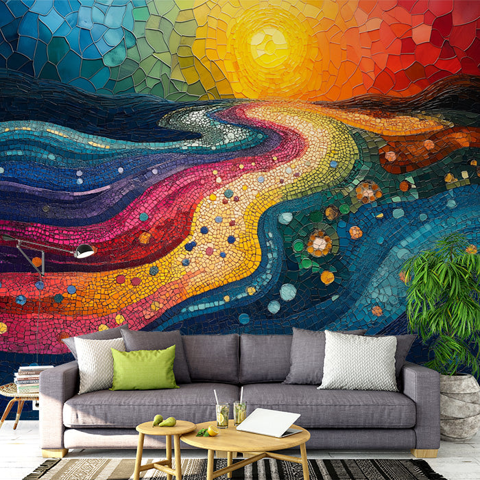 Abstract Wave Mural Wallpaper in Living Room | Various Colors (Blue, Green, Yellow, etc.) of Wave