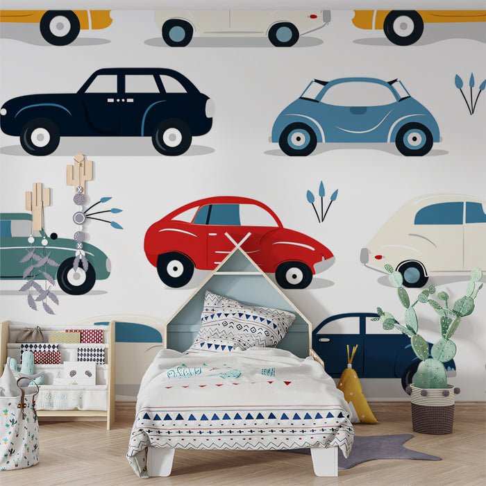 Retro Car Repeat Wallpaper | Bold Colors, Flat Design, Mid-Century Modern Motif