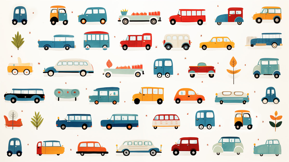 Carta da Parati Collezione di Macchine Scarabocchiate | Disegnate a Mano, Forme Variegate, Motivo Veicoli Giocosi