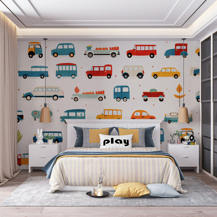 Carta da Parati Collezione di Macchine Scarabocchiate | Disegnate a Mano, Forme Variegate, Motivo Veicoli Giocosi