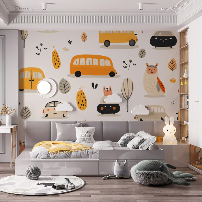 Kawaii Car & Owl Doodle Pattern | Cartoon Animals, Autumn Tones, Whimsical Repeat