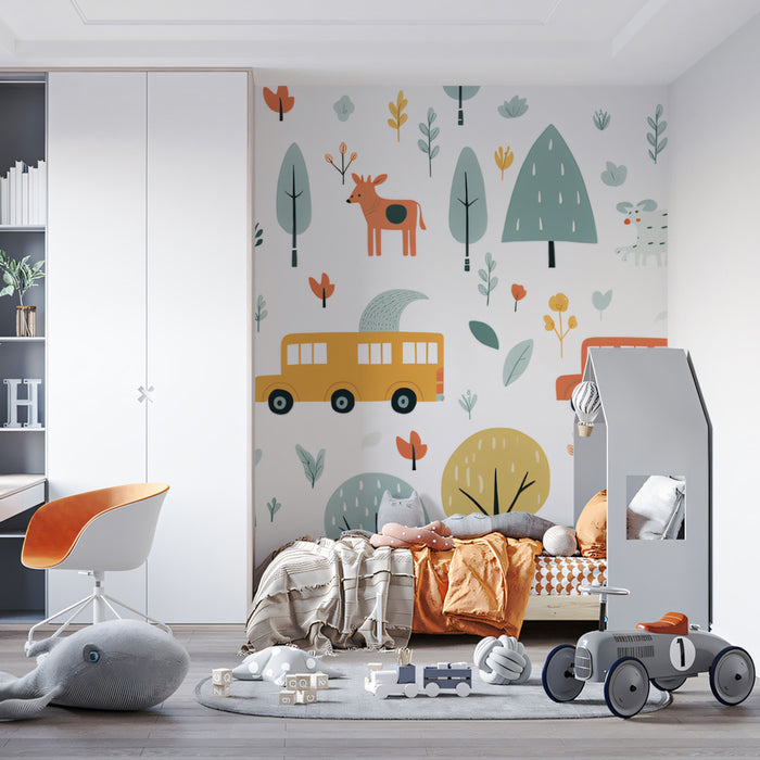 Folk Art Safari Car Pattern | Stylized Animals, Woodland Theme, Earthy Neutrals