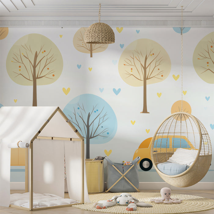 Minimalist Car & Tree Landscape | Yellow Car, Pastel Colors, Repeating Horizontal Motif