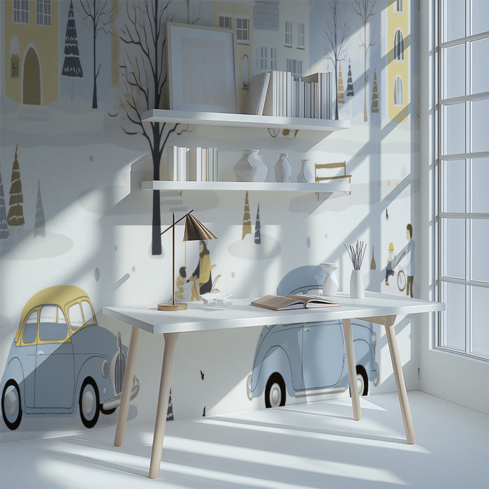 Vintage Car Winter Village Mural | Scandinavian Style, Pastel Landscape, Snow Scene