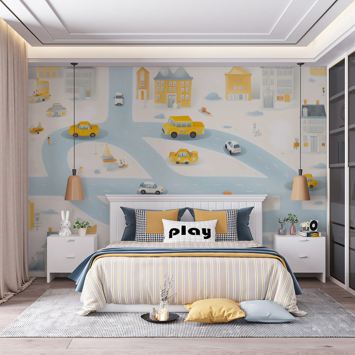 Overhead City Street Map Mural | Yellow Buildings, Cartoon Cars, Playful Townscape