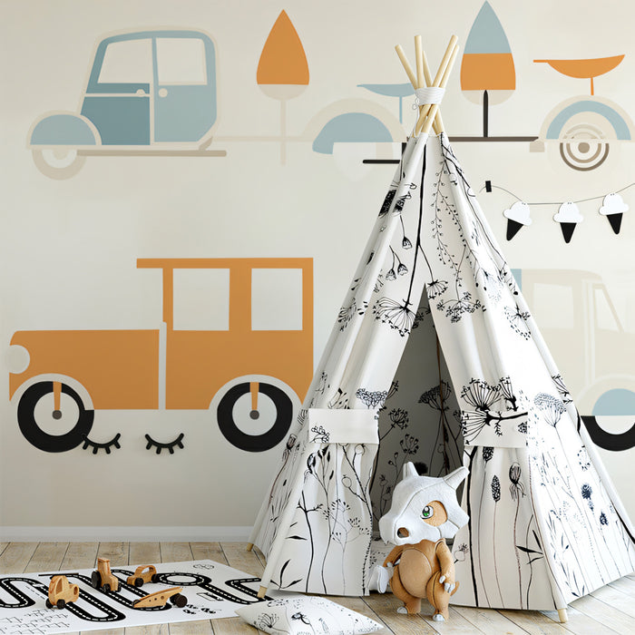Geometric Retro Vehicle Repeat | Flat Design, Muted Pastel Palette, Abstract Transport