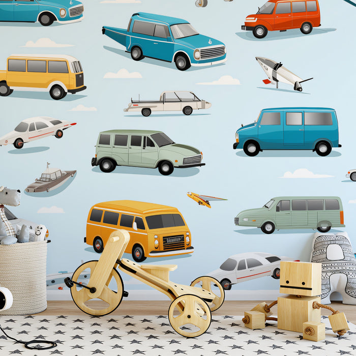 Vintage Transportation Sticker Bomb Wallpaper | Detailed, Retro Cars & Planes, Sky Blue