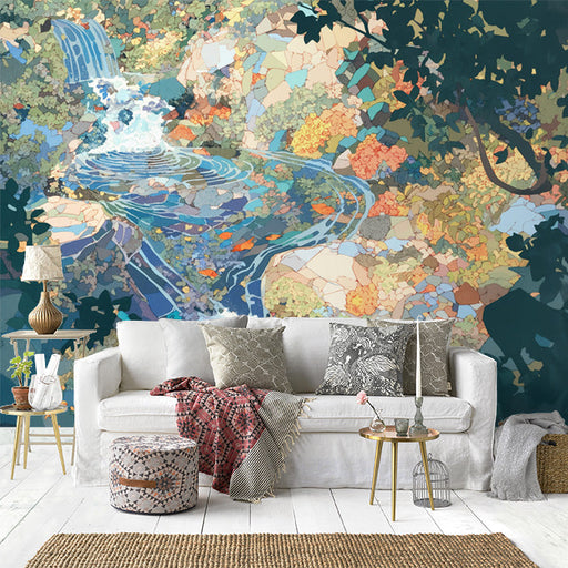 Vintage Floral Mural Wallpaper in Dining Room | Various Colors (Orange, Blue, Green, etc.) of Flowers