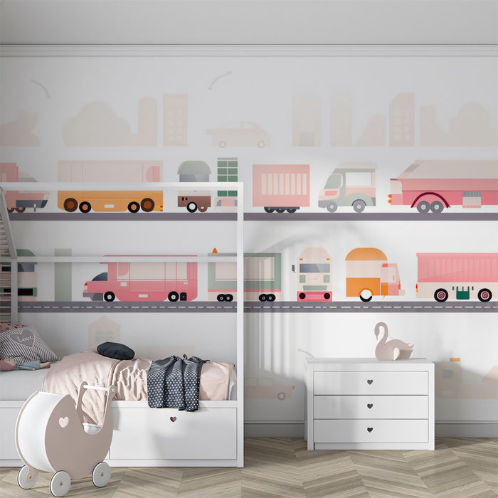 Geometric City Truck Lineup Mural | Flat Design, Pastel Tones, Urban Transport