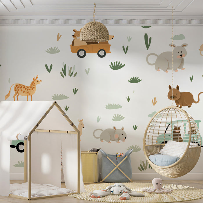 Safari Road Trip Animal Pattern | Cartoon, Mint Green Car, Cute Rodents & Deer