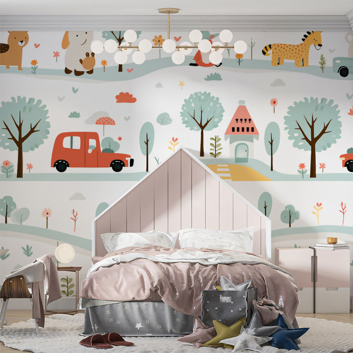 Folk Art Animal Village Pattern | Terracotta & Dusty Blue, Charming Houses, Repeating Scene