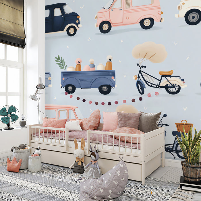 Vintage Van & Scooter Pattern | Pastel Tones, Retro Transport, Blue & Pink Motif