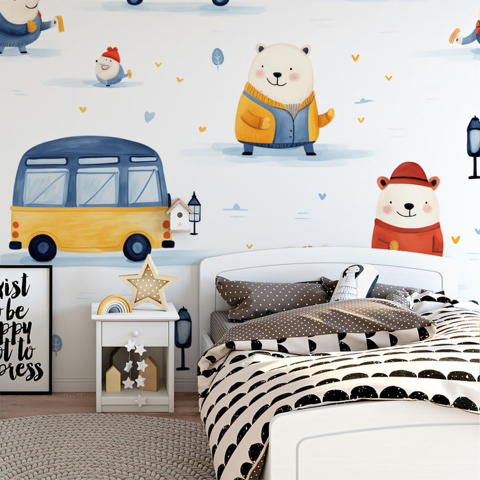 Watercolor Polar Bear Winter Scene | Cartoon, Yellow Bus, Cozy Seasonal Theme
