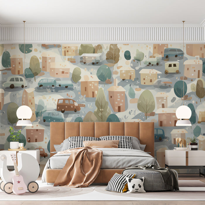 Watercolor Village & Cars Pattern | Muted Earth Tones, All-Over Motif, Organic Style