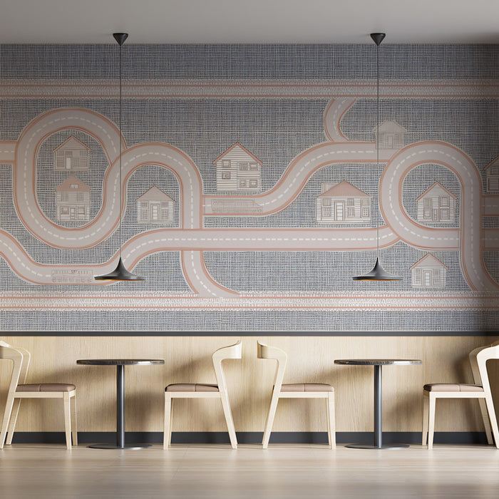 Minimalist Road Map & Houses Mural | Neutral Tones, Fabric Texture, Subtle Play Map