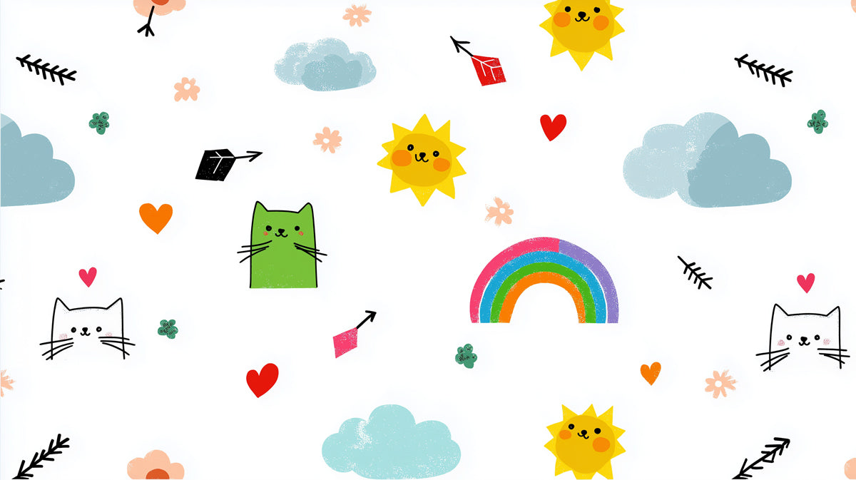 Motivo Gatto Kawaii e Arcobaleno | Disegnato a Mano, Alto Contrasto, Scarabocchio Minimalista