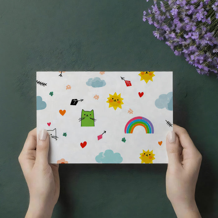 Motivo Gatto Kawaii e Arcobaleno | Disegnato a Mano, Alto Contrasto, Scarabocchio Minimalista