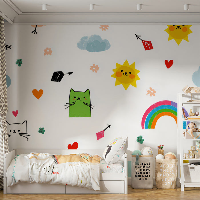 Motivo Gatto Kawaii e Arcobaleno | Disegnato a Mano, Alto Contrasto, Scarabocchio Minimalista