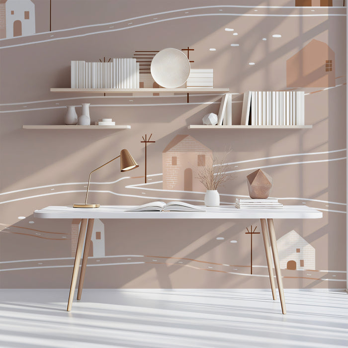 Minimalist Hillside Village Pattern | Neutral Tones, Abstract Road Map, Subtle Texture