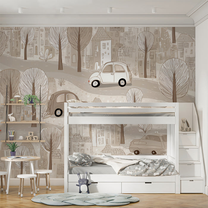 Vintage City Sketch Mural | Monochromatic Sepia, Classic Cars, Intricate Townscape