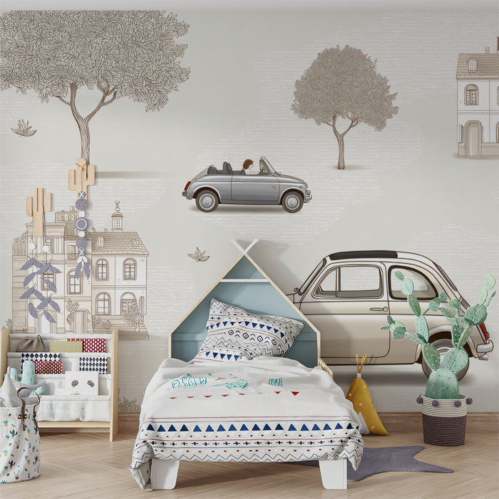 Vintage Fiat Car Mural | Suburban Scene, Sepia Sketch Trees, Elegant Neutral