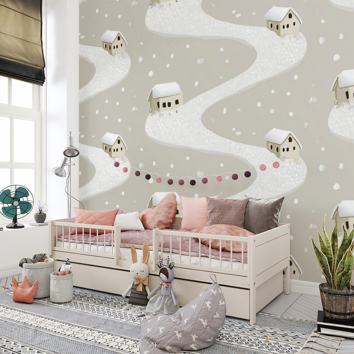 Minimalist Winter Village Pattern | Monochromatic, Winding Road, Cozy Snow Scene
