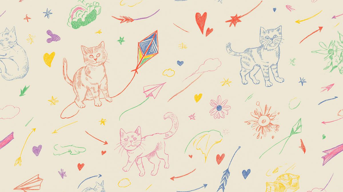 Chalk Sketch Cat & Kite Doodle | Pastel Hand-Drawn, Whimsical, Creative Nursery