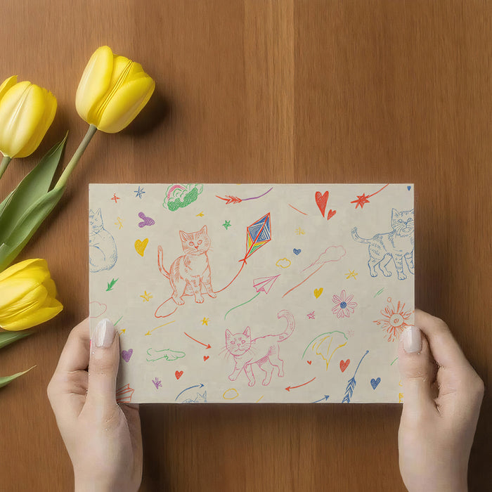 Chalk Sketch Cat & Kite Doodle | Pastel Hand-Drawn, Whimsical, Creative Nursery