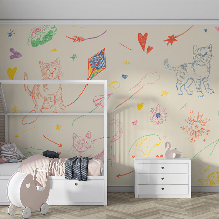 Chalk Sketch Cat & Kite Doodle | Pastel Hand-Drawn, Whimsical, Creative Nursery