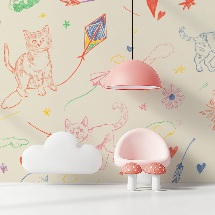 Chalk Sketch Cat & Kite Doodle | Pastel Hand-Drawn, Whimsical, Creative Nursery