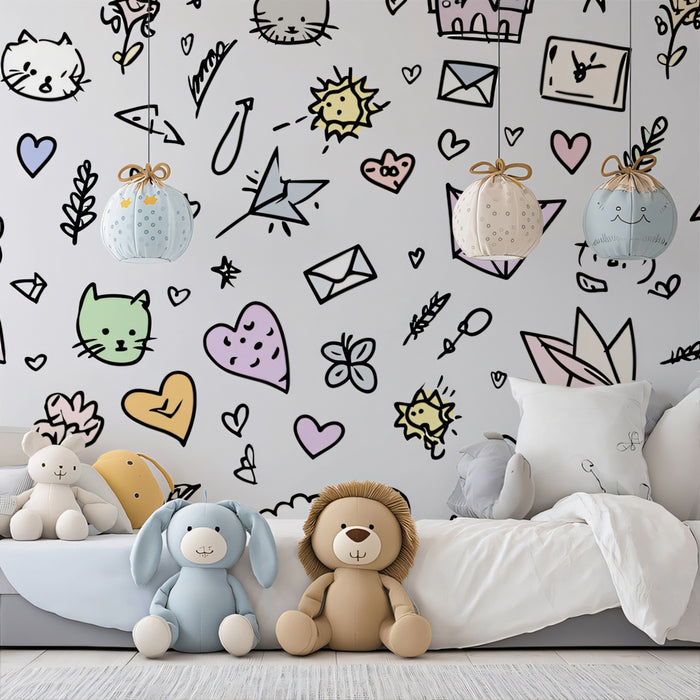Kawaii Doodle Pattern | Minimalist Line Art, Pastel Accents, Whimsical Motif