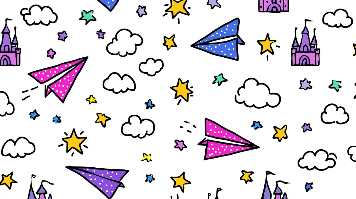 Doodle Castle & Star Pattern | Hand-Drawn, Vibrant Colors, Whimsical Transportation