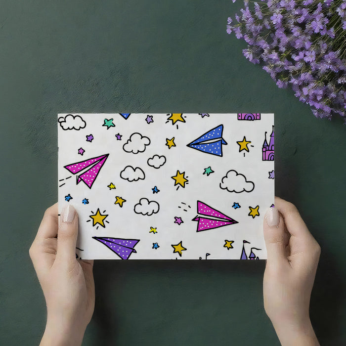 Doodle Castle & Star Pattern | Hand-Drawn, Vibrant Colors, Whimsical Transportation