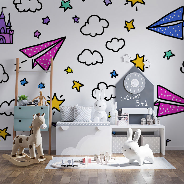Doodle Castle & Star Pattern | Hand-Drawn, Vibrant Colors, Whimsical Transportation