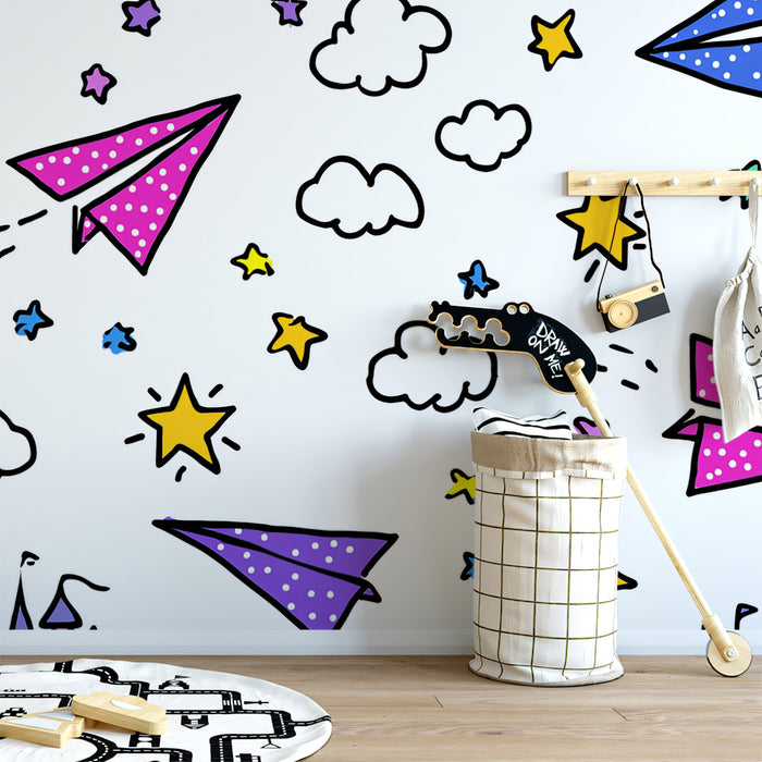 Doodle Castle & Star Pattern | Hand-Drawn, Vibrant Colors, Whimsical Transportation