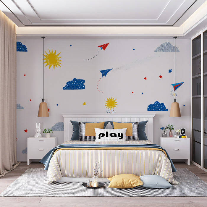 Paper Airplane Doodle Pattern | Primary Colors, Geometric, Minimalist Sky Motif