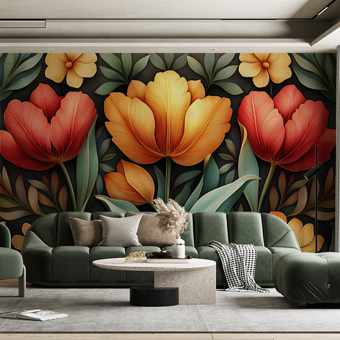 Giant Tulip Mural Wallpaper in Living Room | Various Colors (Orange, Green, etc.) of Tulip