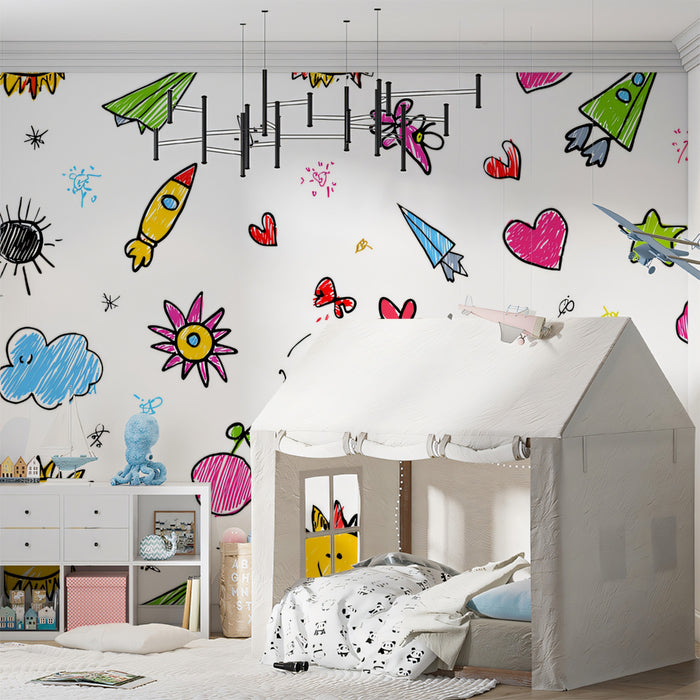Child's Scribble Doodle Pattern | Rockets, Flowers & Hearts, Fun Primary Colors