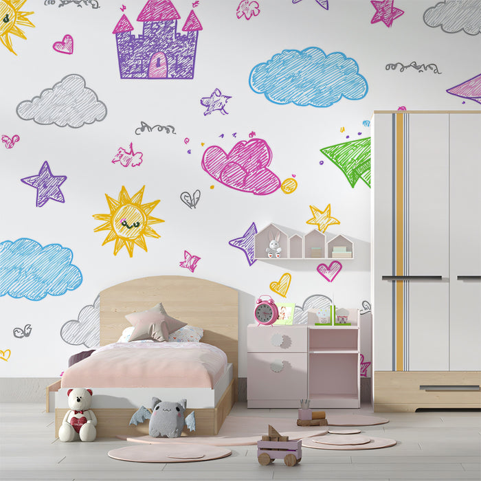 Cheerful Castle and Sun Pattern Mural Wallpaper | Scribble Doodle, Bright Pastels, Whimsical Kids' Design