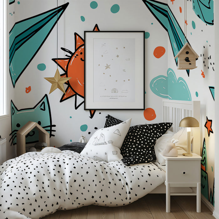 Teal Adventure Doodle Mural Wallpaper | Organic Sun, Paper Plane, Vibrant Teal and Orange Sketch