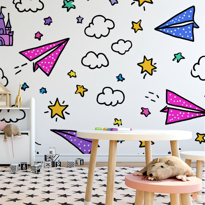 Enchanted Flight Doodle Mural Wallpaper | Pink, Blue, Purple Fantasy, High-Energy Kids' Room
