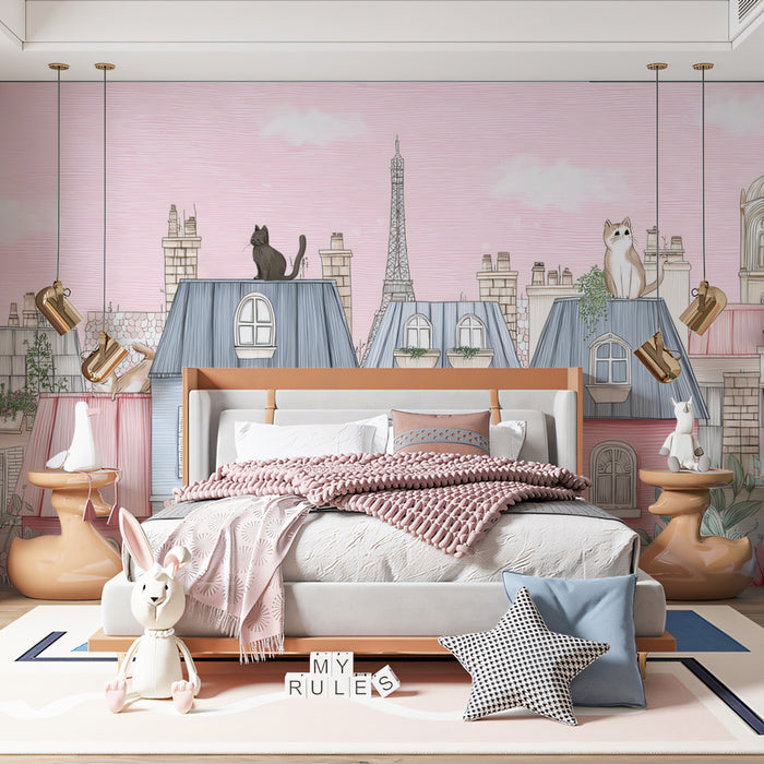 Parisian Rooftops Cityscape Mural Wallpaper | Pastel Pink and Blue, Cat on Roof, Fine Sketch Texture