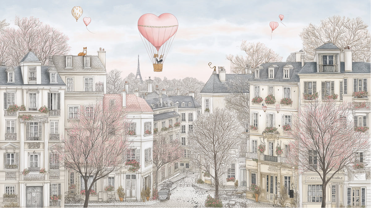 Vintage Parisian Street Mural Wallpaper | Romantic Pink and Gray Townscape, Heart Balloon, Cherry Blossoms