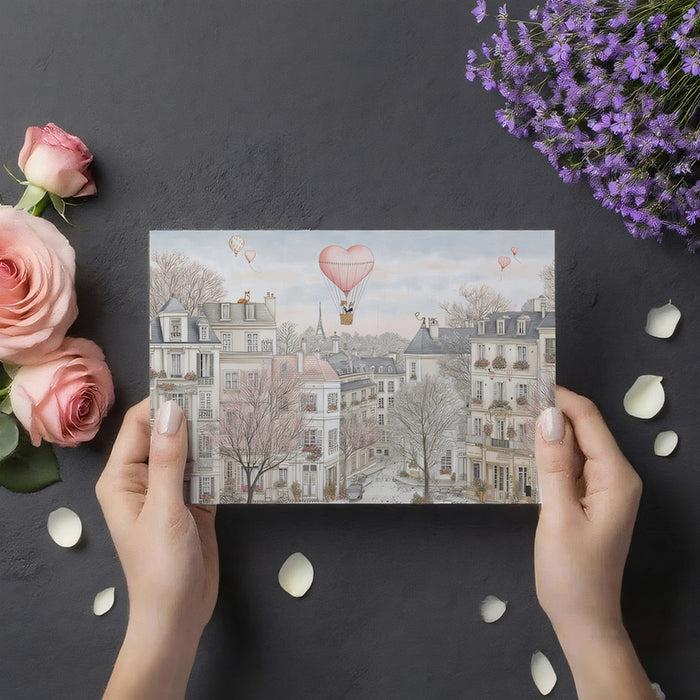 Vintage Parisian Street Mural Wallpaper | Romantic Pink and Gray Townscape, Heart Balloon, Cherry Blossoms