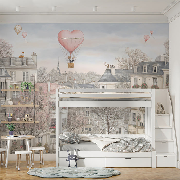 Vintage Parisian Street Mural Wallpaper | Romantic Pink and Gray Townscape, Heart Balloon, Cherry Blossoms