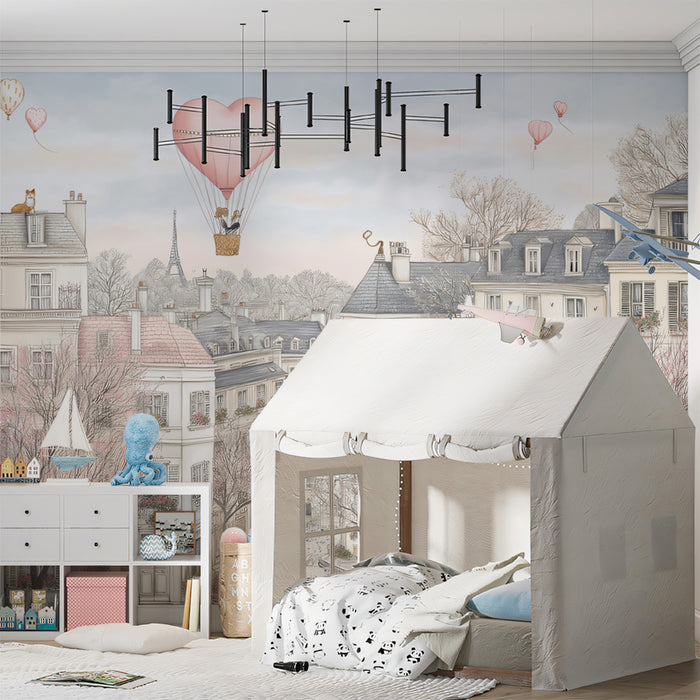 Vintage Parisian Street Mural Wallpaper | Romantic Pink and Gray Townscape, Heart Balloon, Cherry Blossoms