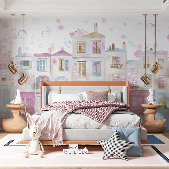 Pastel Springtime Parisian Street Mural Wallpaper | Bubbles, Cherry Blossoms, Airy Fantasy Watercolor
