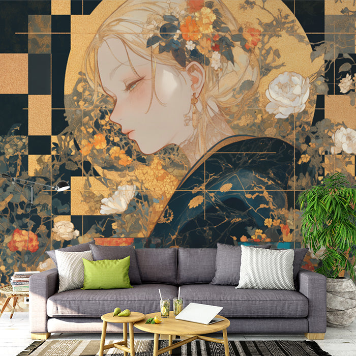 Geometric Floral Woman Mural Wallpaper in Living Room | Various Colors (Gold, Black, Orange, etc.) of Floral Woman