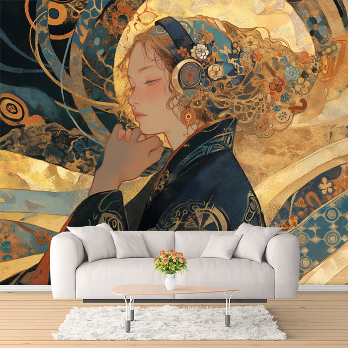 Geometric Floral Woman Mural Wallpaper in Living Room | Various Colors (Gold, Black, Orange, etc.) of Floral Woman