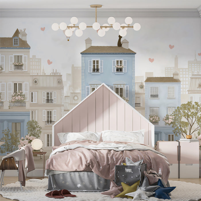 Parisian Cafe Street Floral Scene Mural Wallpaper | Soft Blue, Pink Roses, Tranquil Stroll Illustration